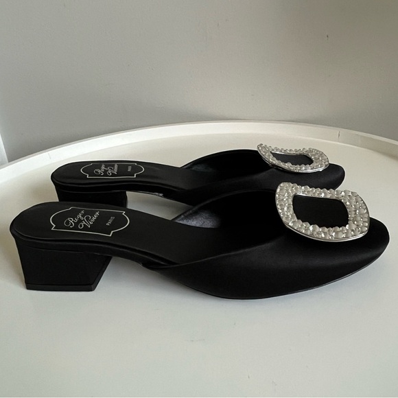 ROGER VIVIER PARIS Chips Strass Embellished Black Satin Slip On Mule Shoes 9 - Picture 2 of 15